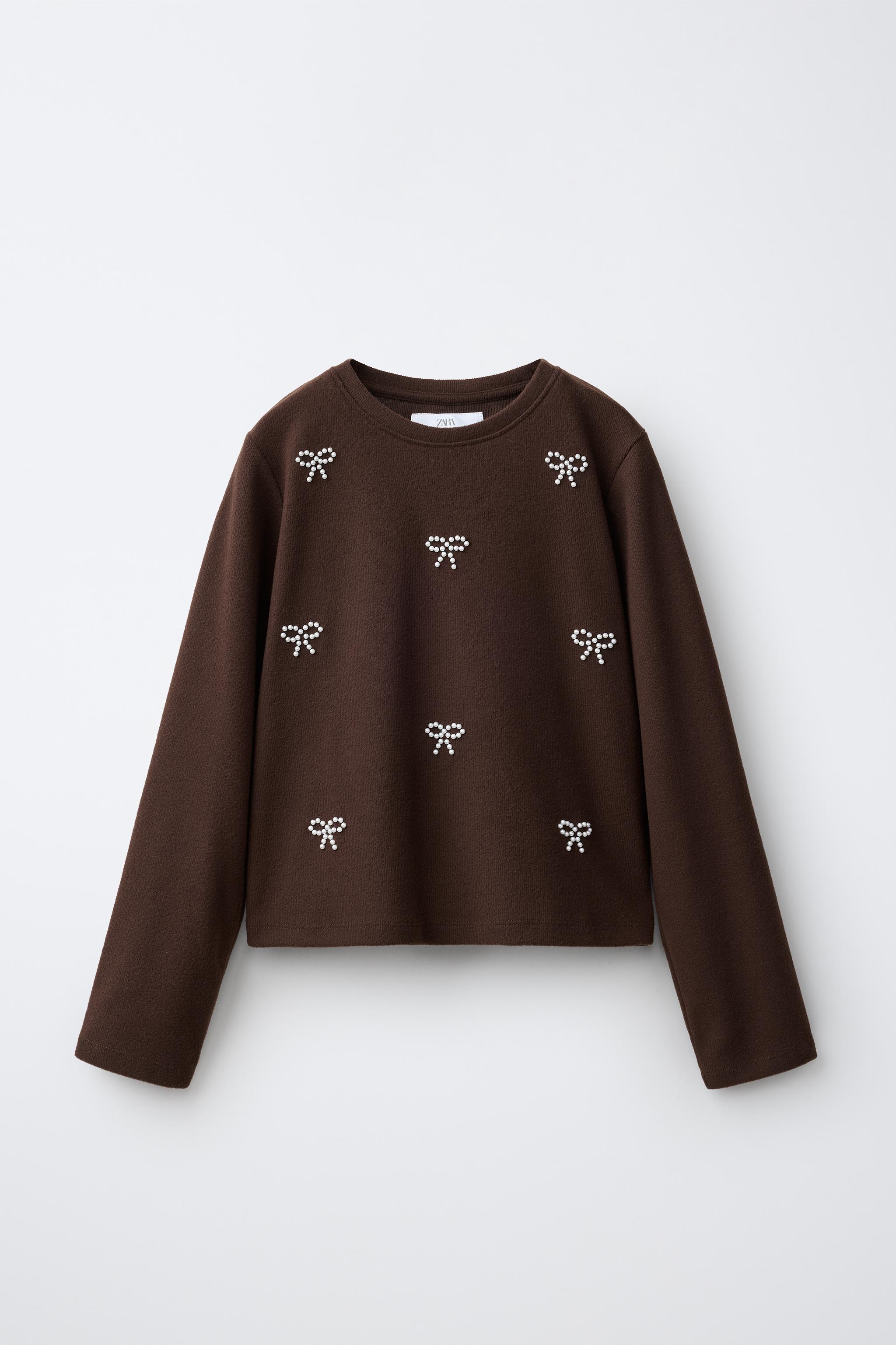 SOFT-TOUCH FAUX PEARL APPLIQUÉ T-SHIRT - Brown | ZARA South Africa