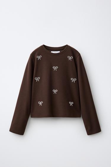 SOFT-TOUCH FAUX PEARL APPLIQUÉ T-SHIRT - Brown by Zara