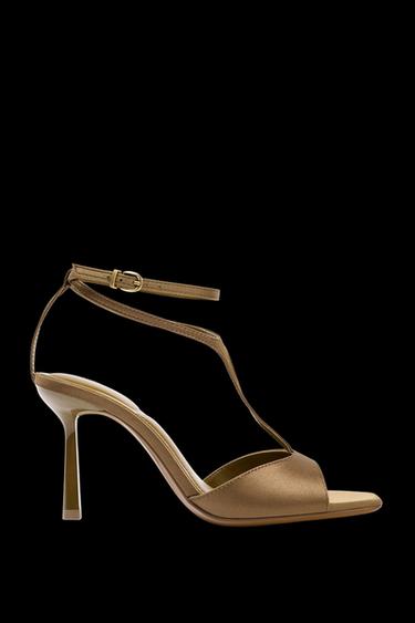 Zara SATIN EFFECT HEELED SANDALS - Khaki Green - Image 0