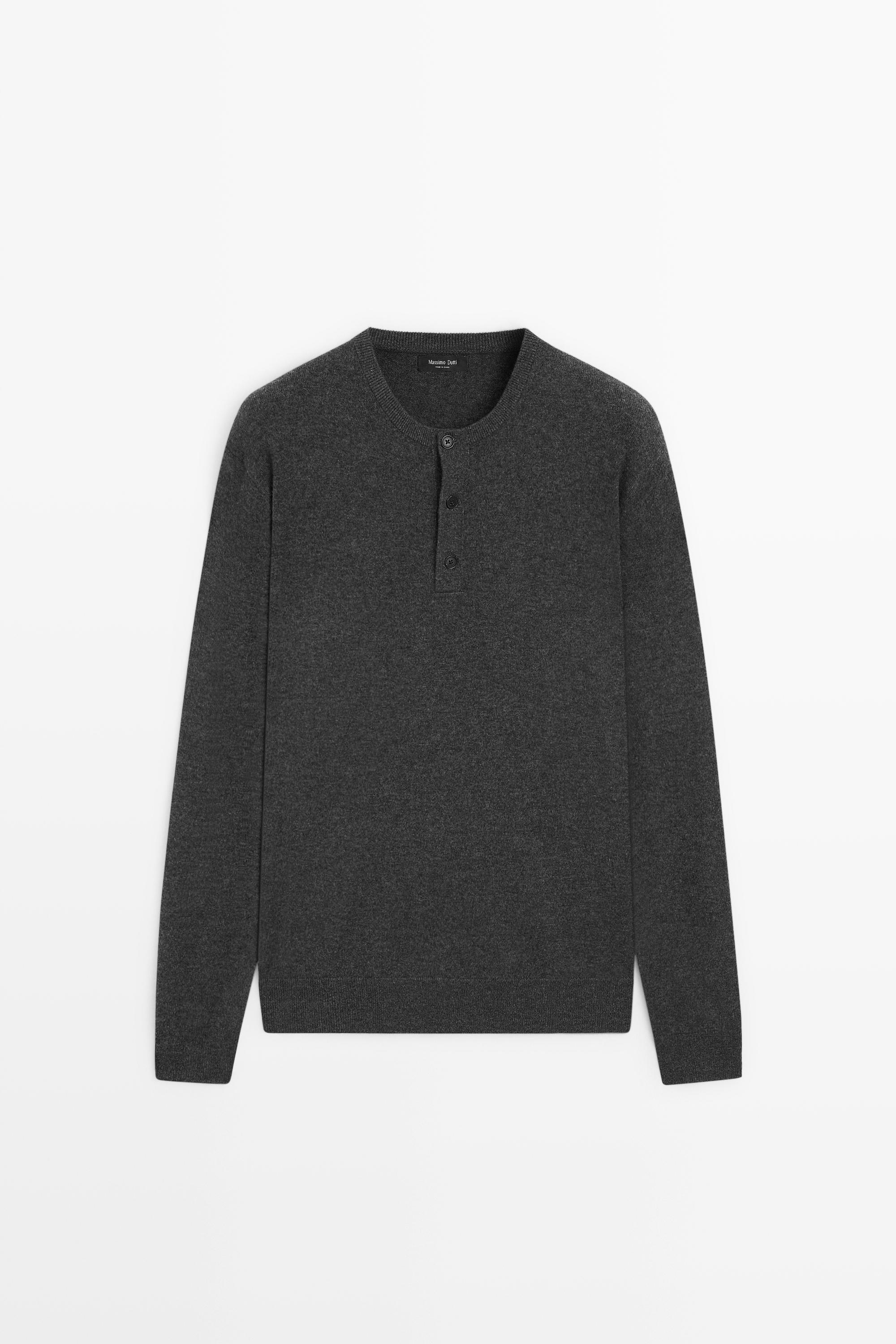 Wool-blend knit henley neck sweater