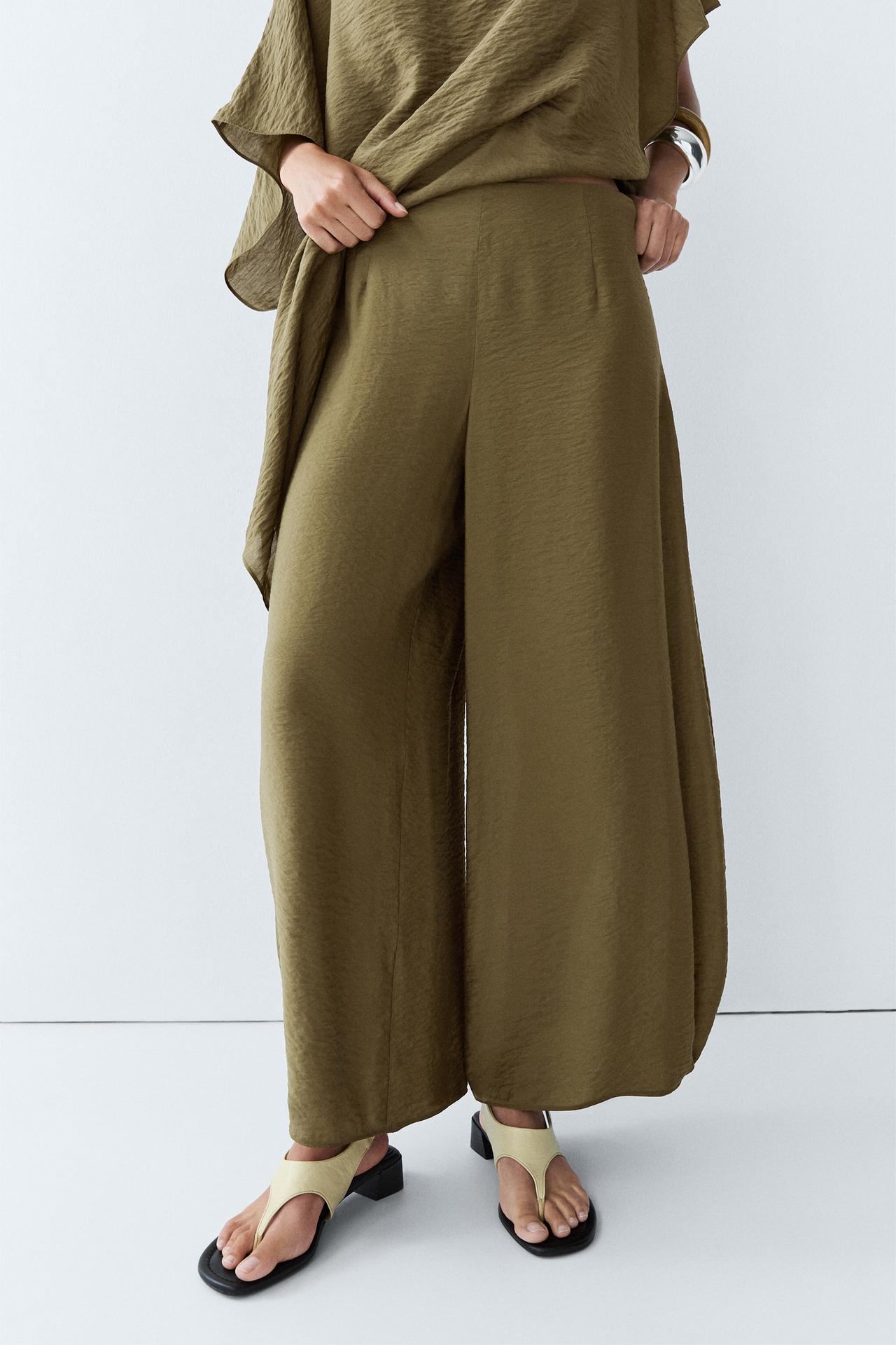 Flowing wide-leg co-ord pants — Khaki Green