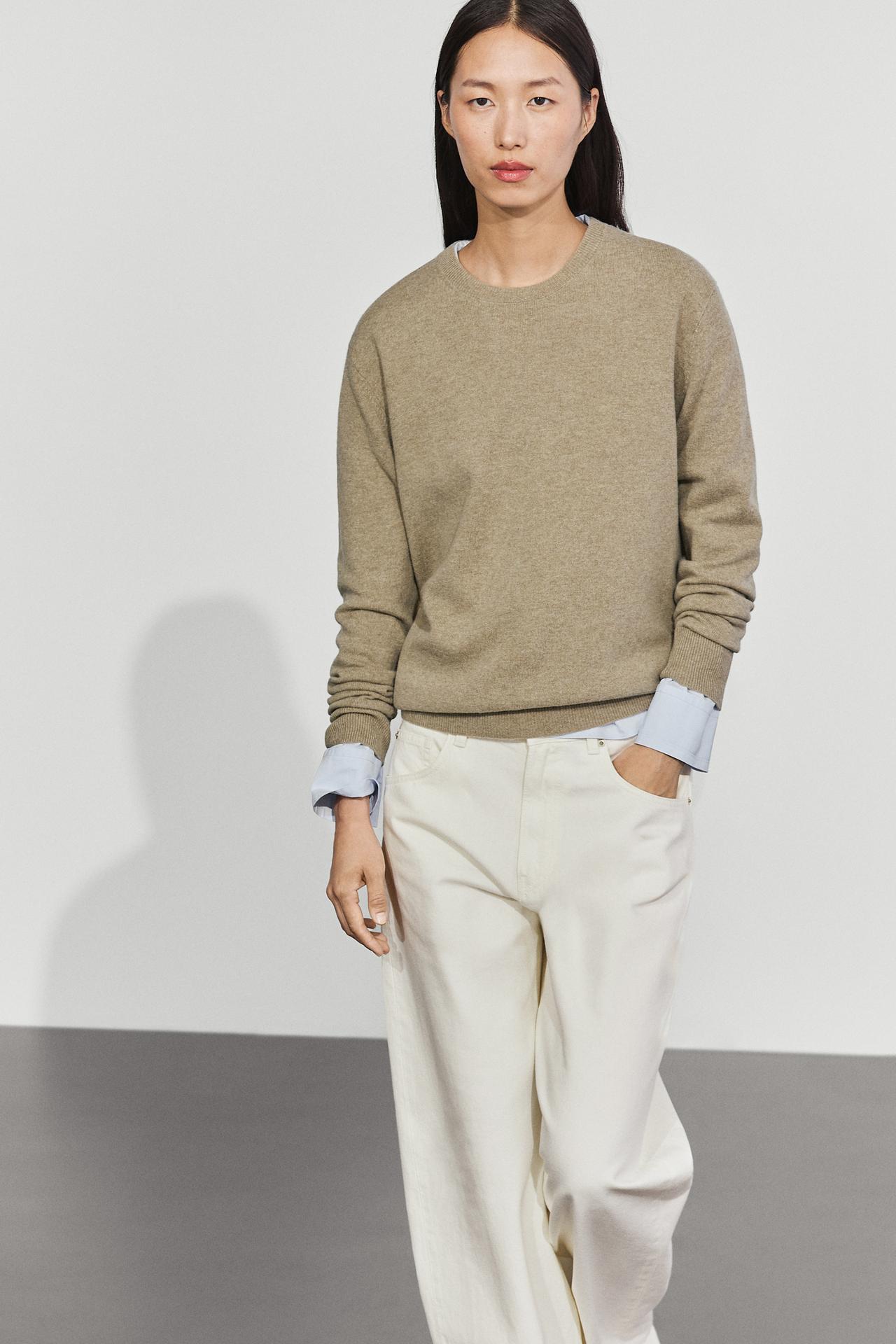 Wool blend crew neck knit sweater — Beige marl