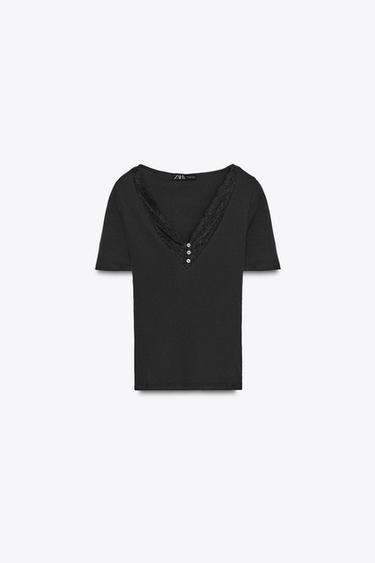 CAMISETA RIB ENCAJE - Negro de Zara