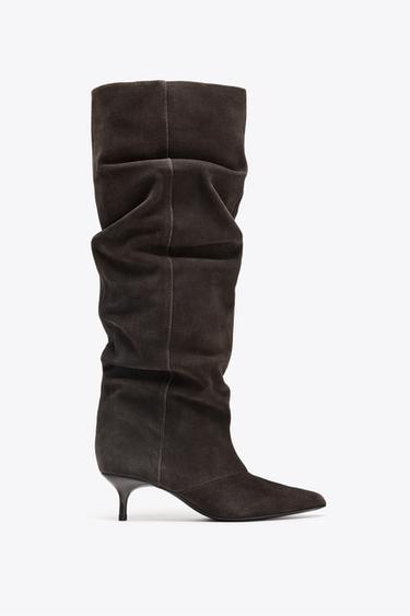 Zara SUEDE KITTEN HEEL BOOT - Brown