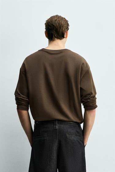 T-SHIRT WITH CONTRAST DOUBLE-LAYER HEMS - Brown by Zara - Image 2