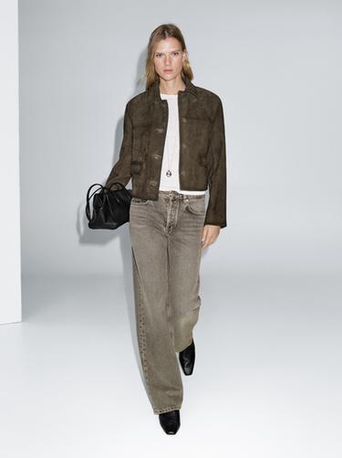 Zara Suede leather jacket with lined buttons - Green