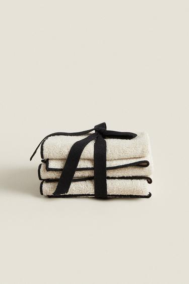 PACK OF COTTON OVERLOCK HAND TOWELS (PACK OF 3) - Sand / Black by Zara