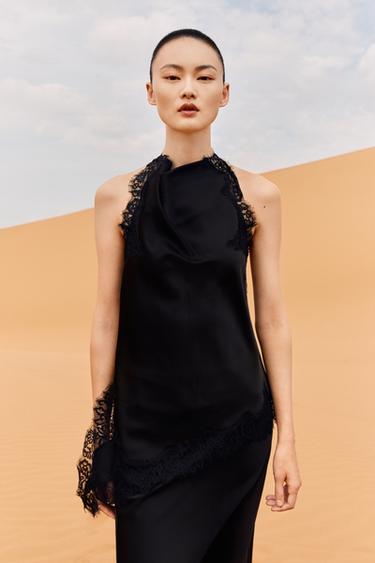 Zara ZW COLLECTION 繞頸蕾絲上衣 - 黑色