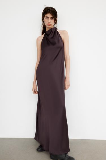Zara SATIN EFFECT HALTER NECK LONG DRESS - Burgundy