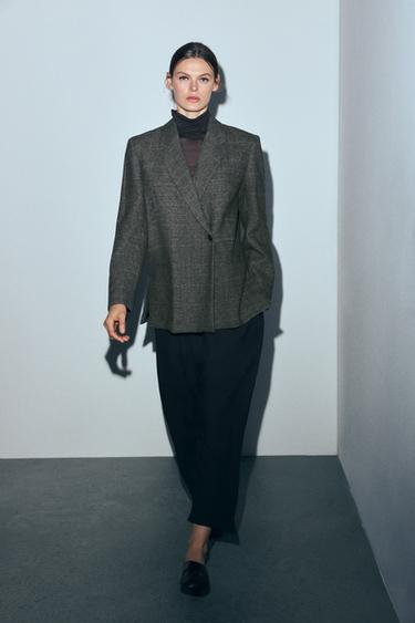 BLAZER OVERSIZE À CARREAUX AVEC LAINE ZW COLLECTION - Marron foncé de Zara
