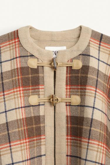 LIMITED EDITION CHECK PONCHO CAPE WITH WOOL - Beige-brown by Zara