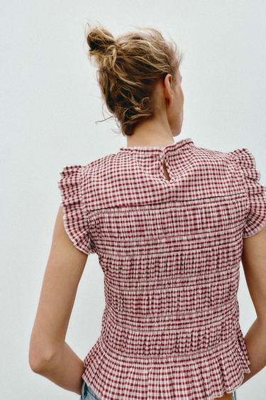 TOP NID D'ABEILLE À CARREAUX VICHY - Écru / Grenat de Zara - Image 3