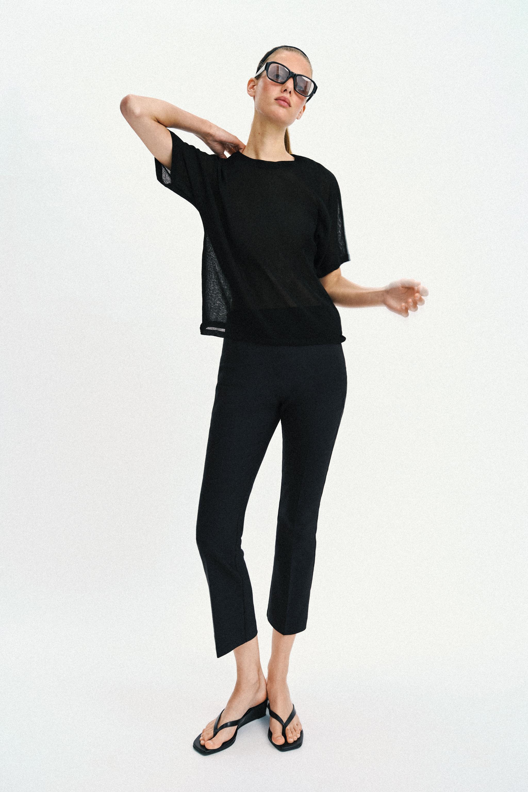 FINE KNIT SHORT SLEEVE TOP — Black