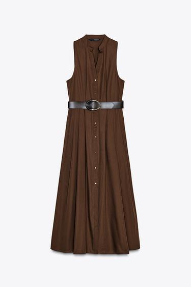 MIDI DRESS WITH BELT - Brown by Zara