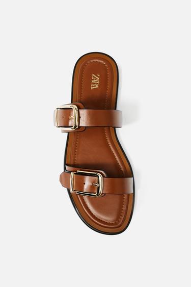 DOUBLE-STRAP BUCKLE FLAT SANDALS - Brown by Zara