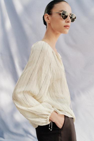 BLOUSE À RAYURES ET LACETS - Écru / Noir de Zara - Image 3