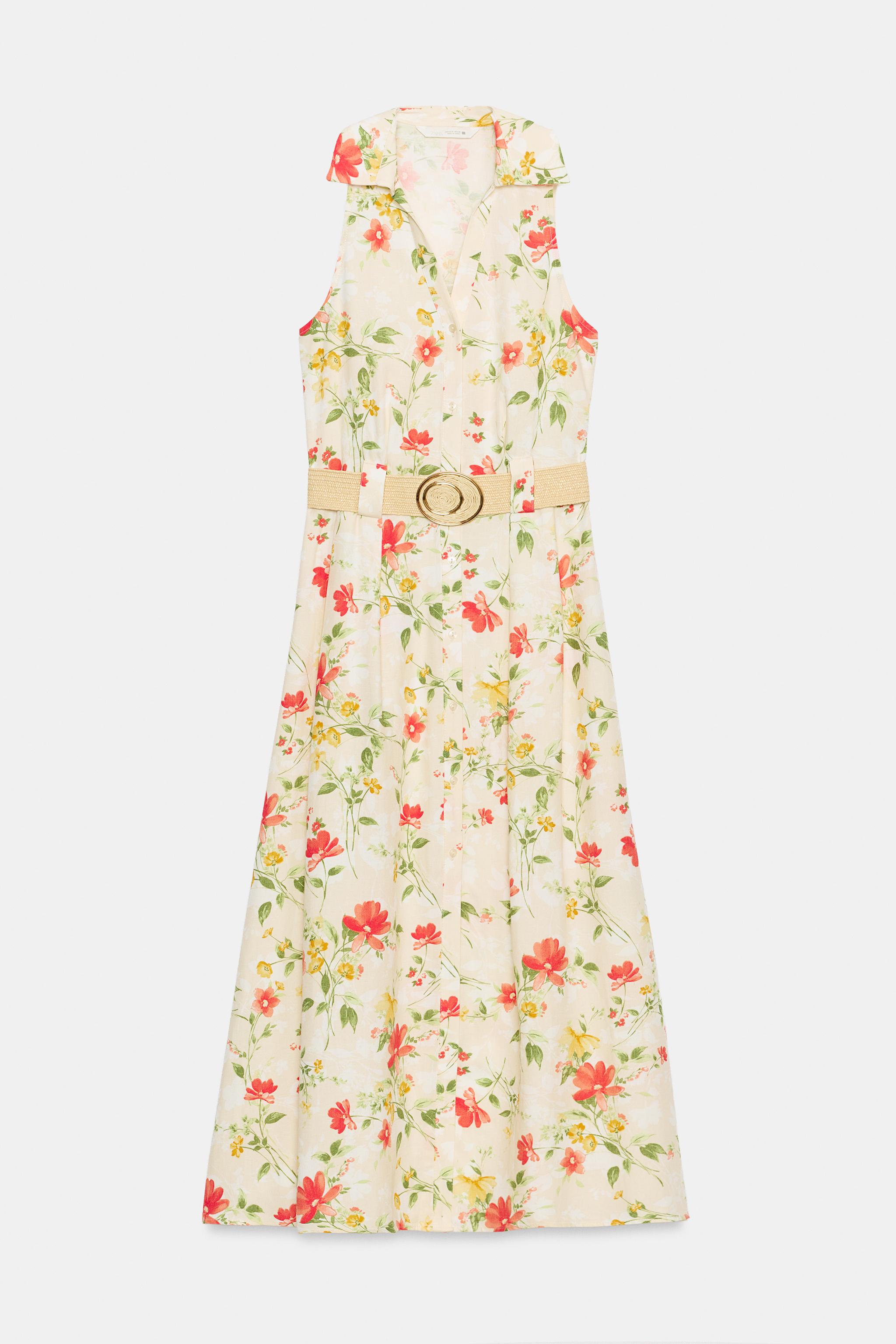 Zara Çiçek Desenli Kemerli Midi Elbise görsel 7