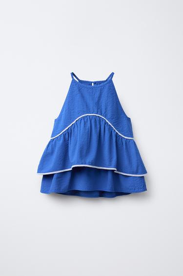 RUFFLED TOP WITH TOPSTITCHING - Blue by Zara - Image 0