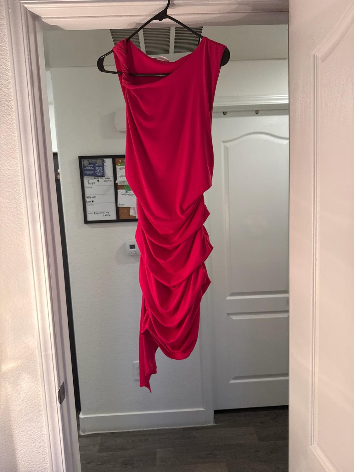 Asymmetric, draped fuchsia dress hanging on a white door frame. In the background, a hallway and a chalkboard can be seen.