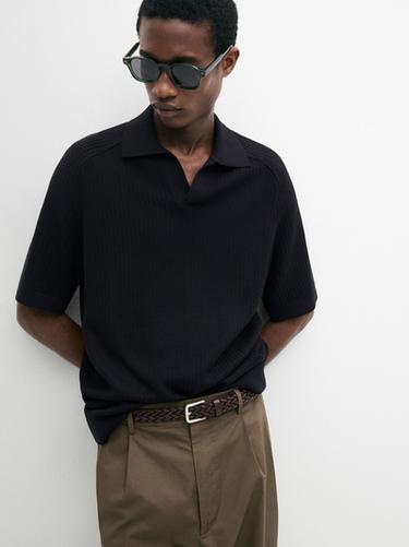 Zara Ribbed knit cotton polo sweater - Navy blue