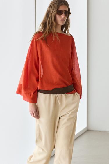 Camisa fluida volúmen mangas 100% algodón - Naranja quemado de Zara