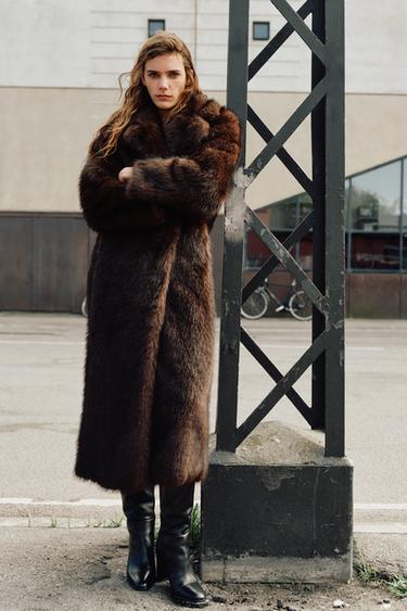 Zara EXTRA LONG FAUX FUR COAT - Mink
