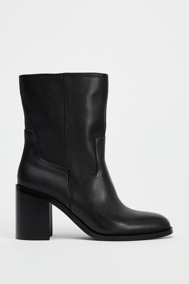 Zara BLOCK HEEL LEATHER ANKLE BOOTS - Black