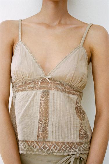EMBROIDERED TOP - Dark beige by Zara