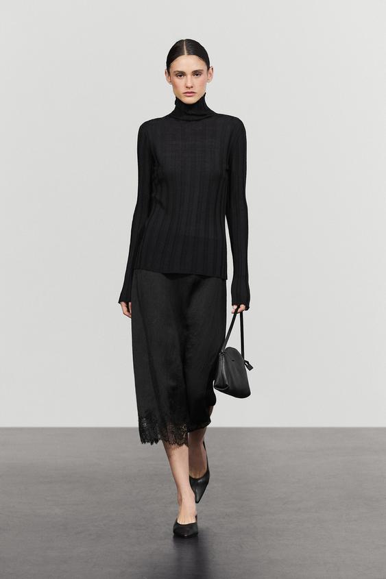 Zara Flowing midi skirt with lace detail - Black - Image 0