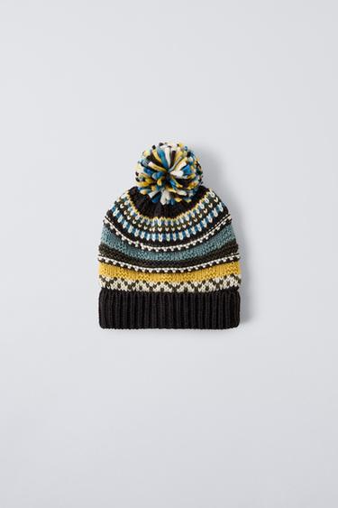 KNIT JACQUARD HAT WITH POMPOM - Grey by Zara - Image 0