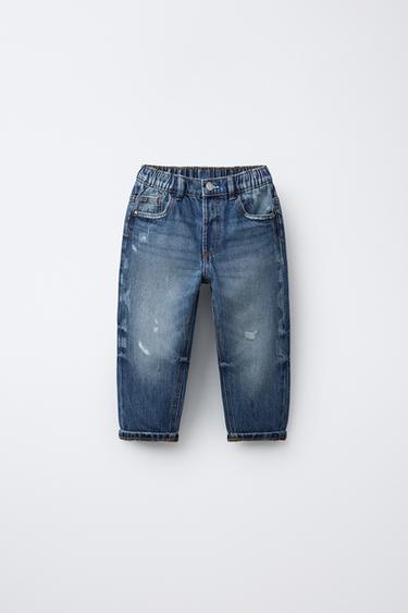 Zara RIPPED BAGGY JEANS - Blue