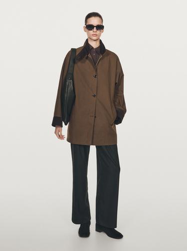 Zara Waxed high neck parka with corduroy detail - Khaki