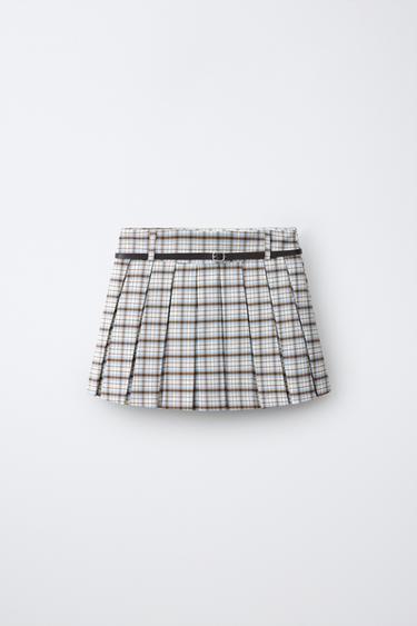 Zara PLAID PLEATED SKORT - Ecru / Blue