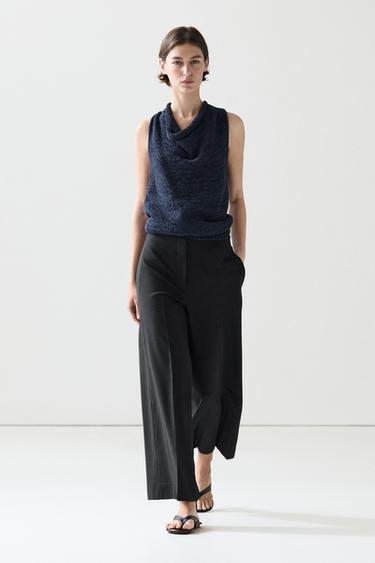 Pantalón ancho crop goma lana - Negro de Zara - Imagen 0