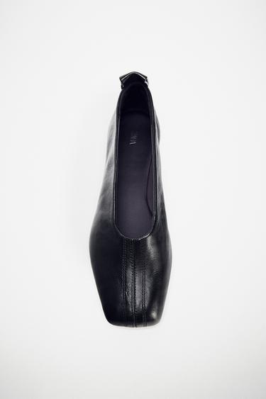SQUARE TOE LEATHER BALLERINAS - Black by Zara