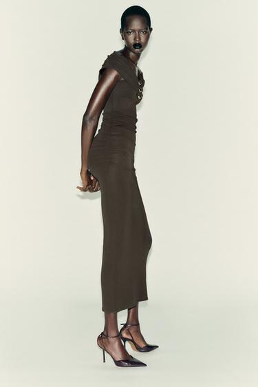 LONG DRAPED DRESS - Dark khaki by Zara - Image 3