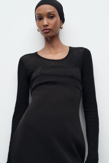 فستان دون حمالات بفتحة صدر بتفاصيل لامعة - أسود by Zara