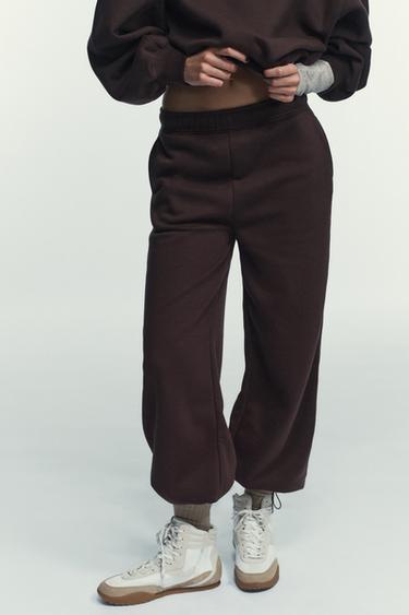 Zara BASIC STRAIGHT-LEG PLUSH PANTS WITH ADJUSTABLE CUFFS - Brown