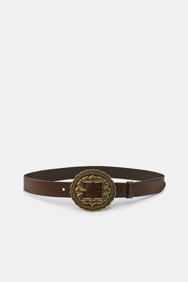 Zara LEATHER BELT WITH CARVED BUCKLE - Brown