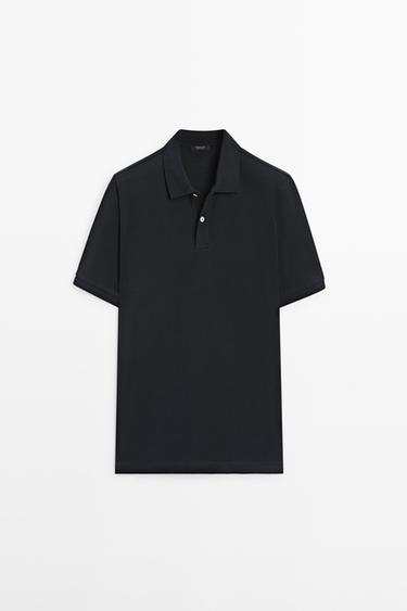 Zara Micro-textured cotton piqué polo shirt - Navy blue