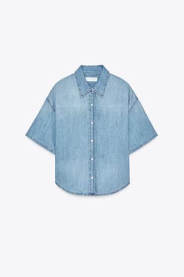 TRF クロップドデニムシャツライトブルーZaraのTRF クロップドデニムシャツ - ライトブルー 