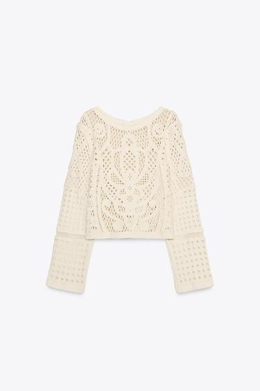 Zara LONG SLEEVE CROCHET TOP - Light ecru