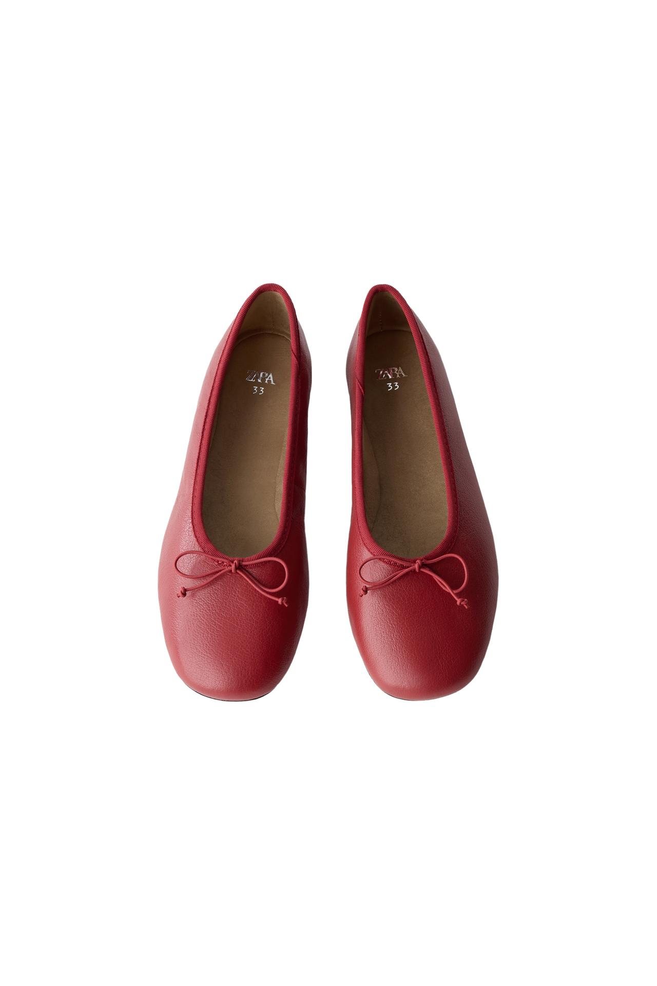 LEATHER BOW BALLET FLATS — Red