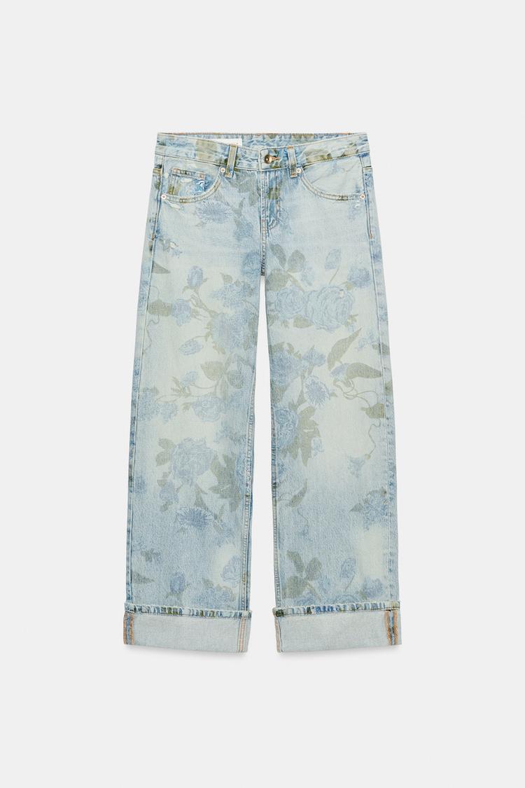 Jeans TRF de tiro bajo, holgados con estampado floral y dobladillo volteado 7