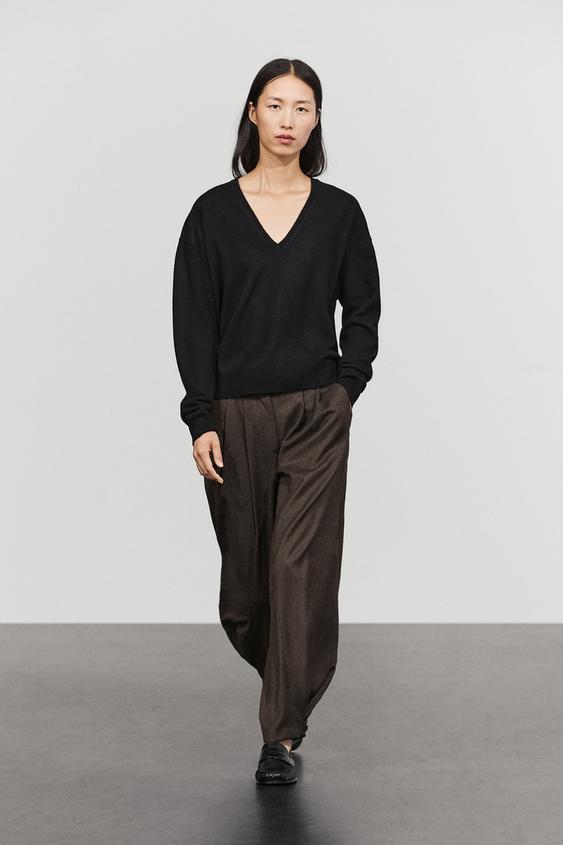 Zara Wool blend knit V-neck sweater - Black - Image 0