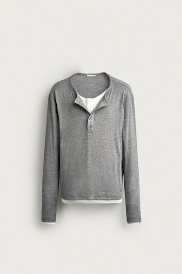 Zara 雙層效果紐扣領 T 恤 - 灰色 / 藍色