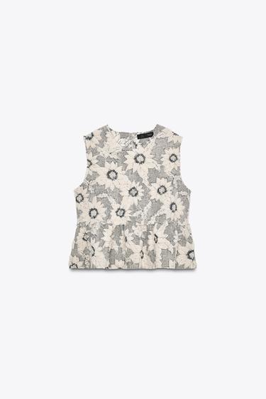 TOP PÉPLUM TEXTURÉ FLEURS - Écru / Noir de Zara - Image 4