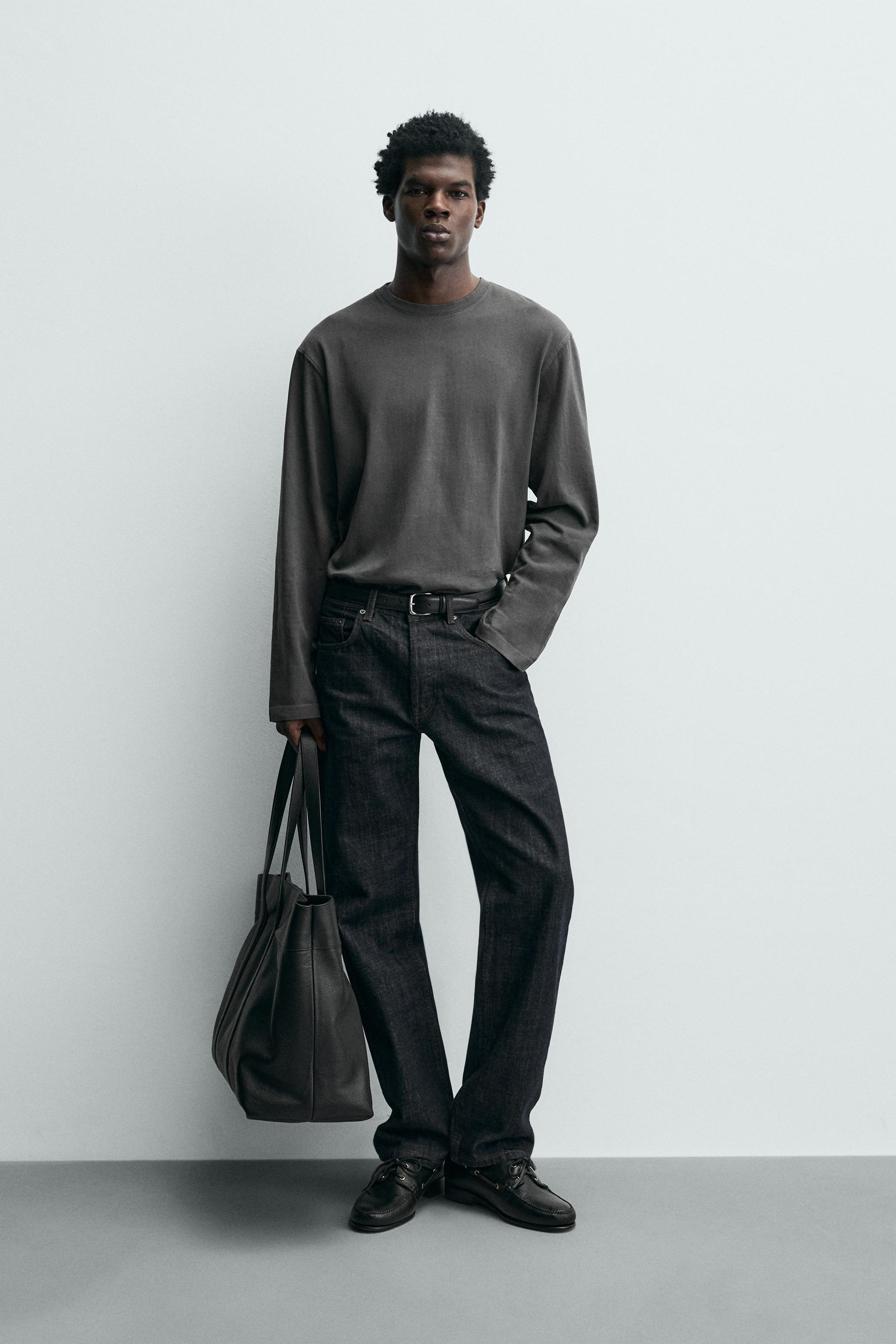 リラックスフィットロングスリーブTシャツ - カーボングレー | ZARA