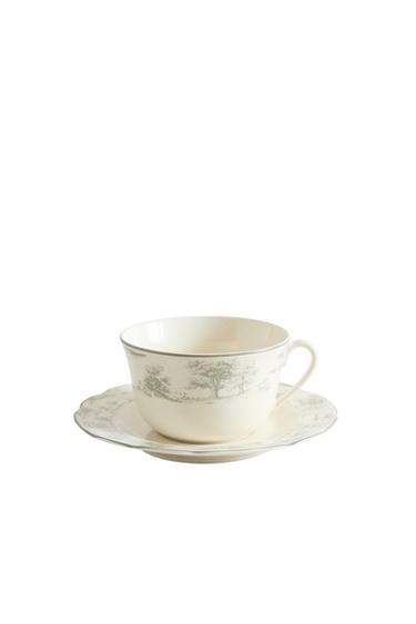 TOILE PORCELAIN TEACUP AND SAUCER - Grey by Zara