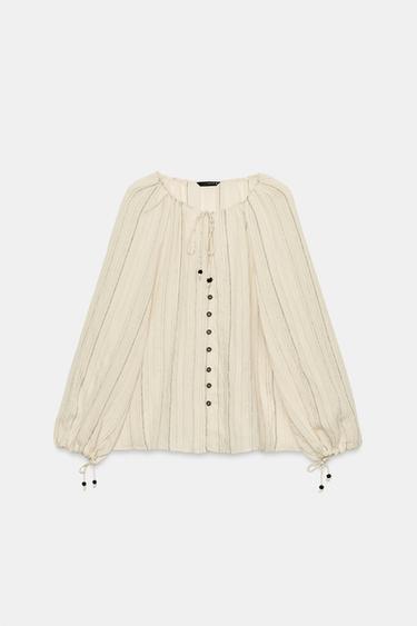 ストライプ柄リボンブラウスエクリュ/ブラック0Zaraのストライプ柄リボンブラウス - エクリュ/ブラック - 画像 0